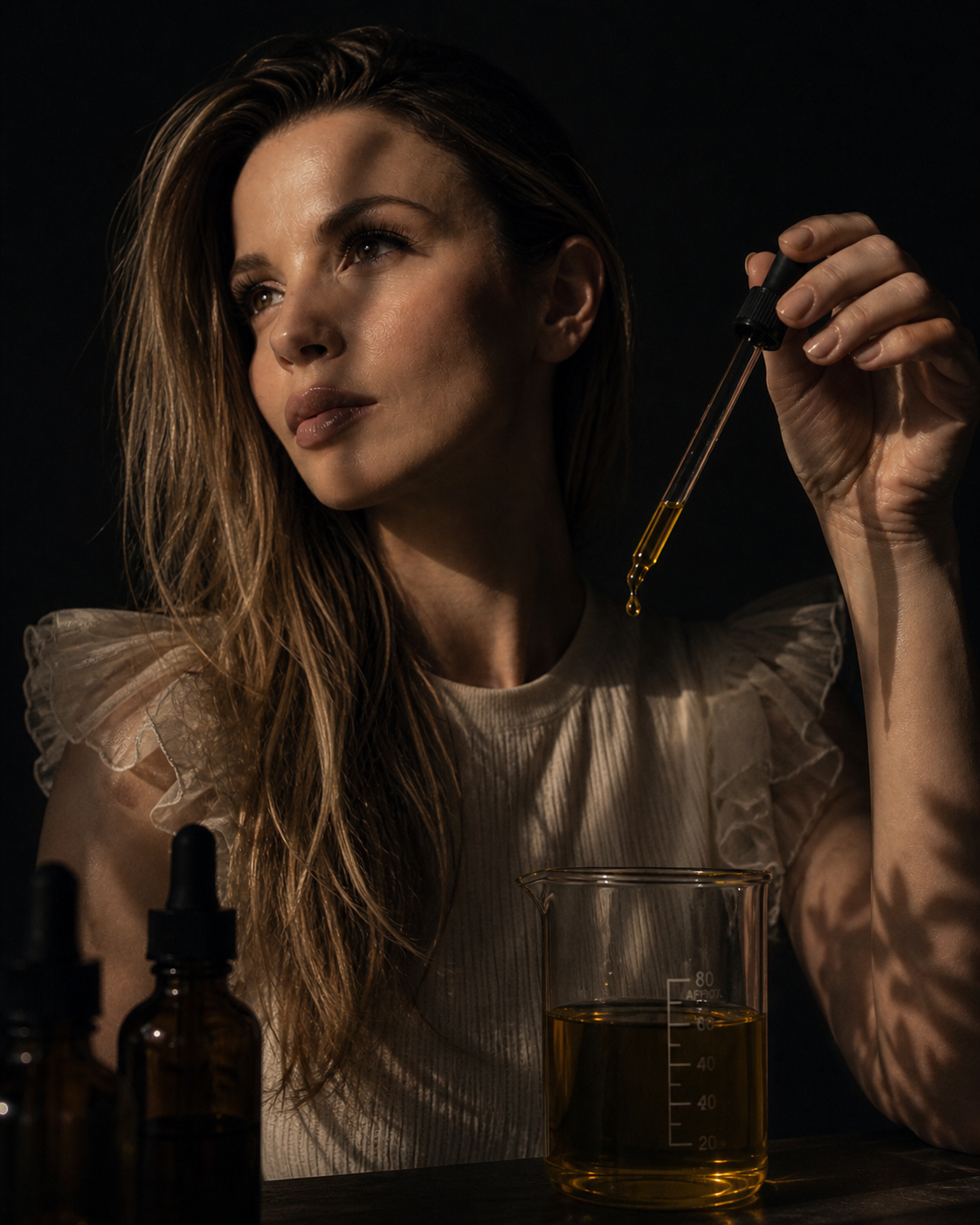 Masiela Lusha formulating the Vue 14 composition by dropper — the founder of MAISON D'VUE composing the maison's first elixir of fourteen rare botanical essences