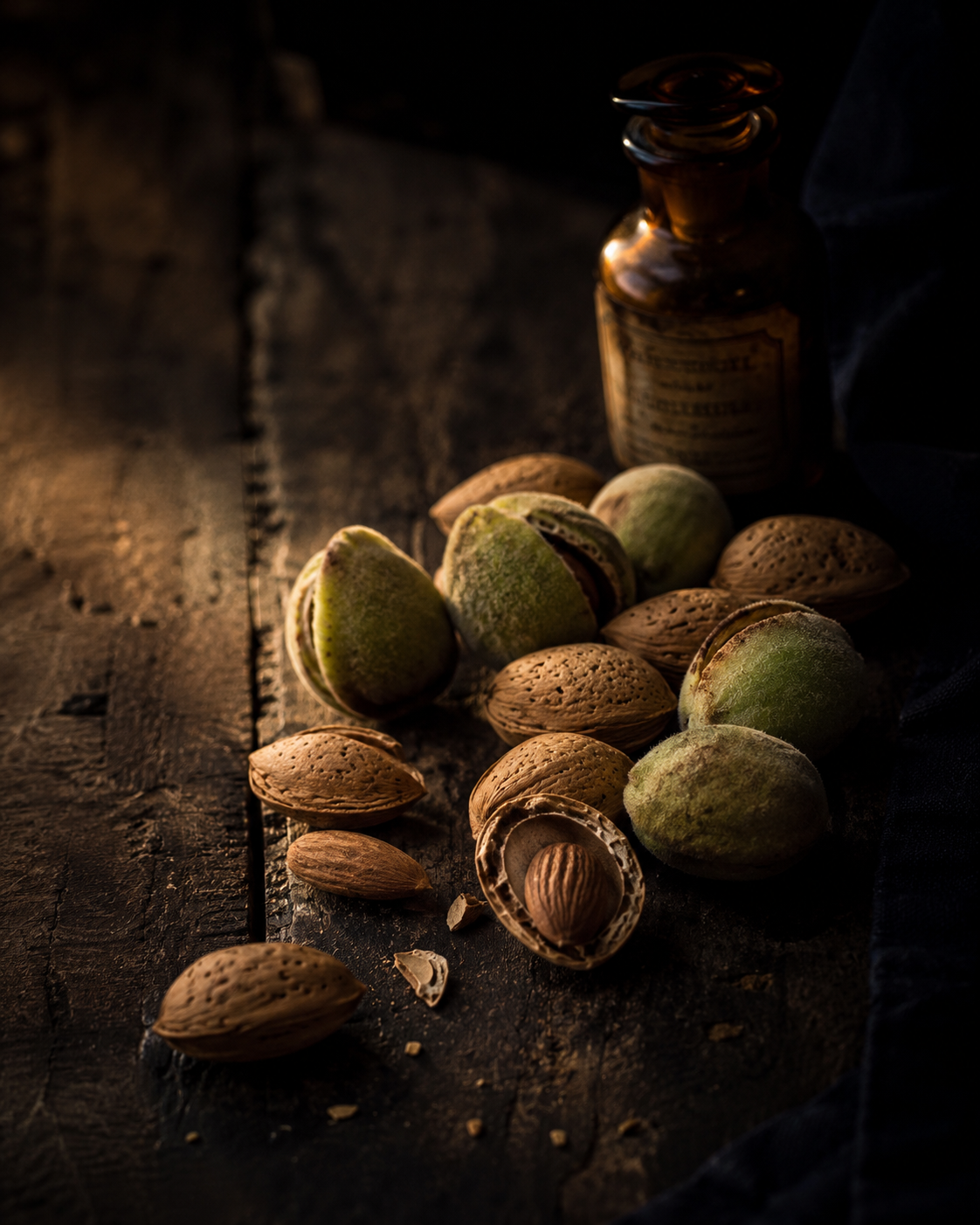 Sweet almonds in their green hulls beside an apothecary bottle