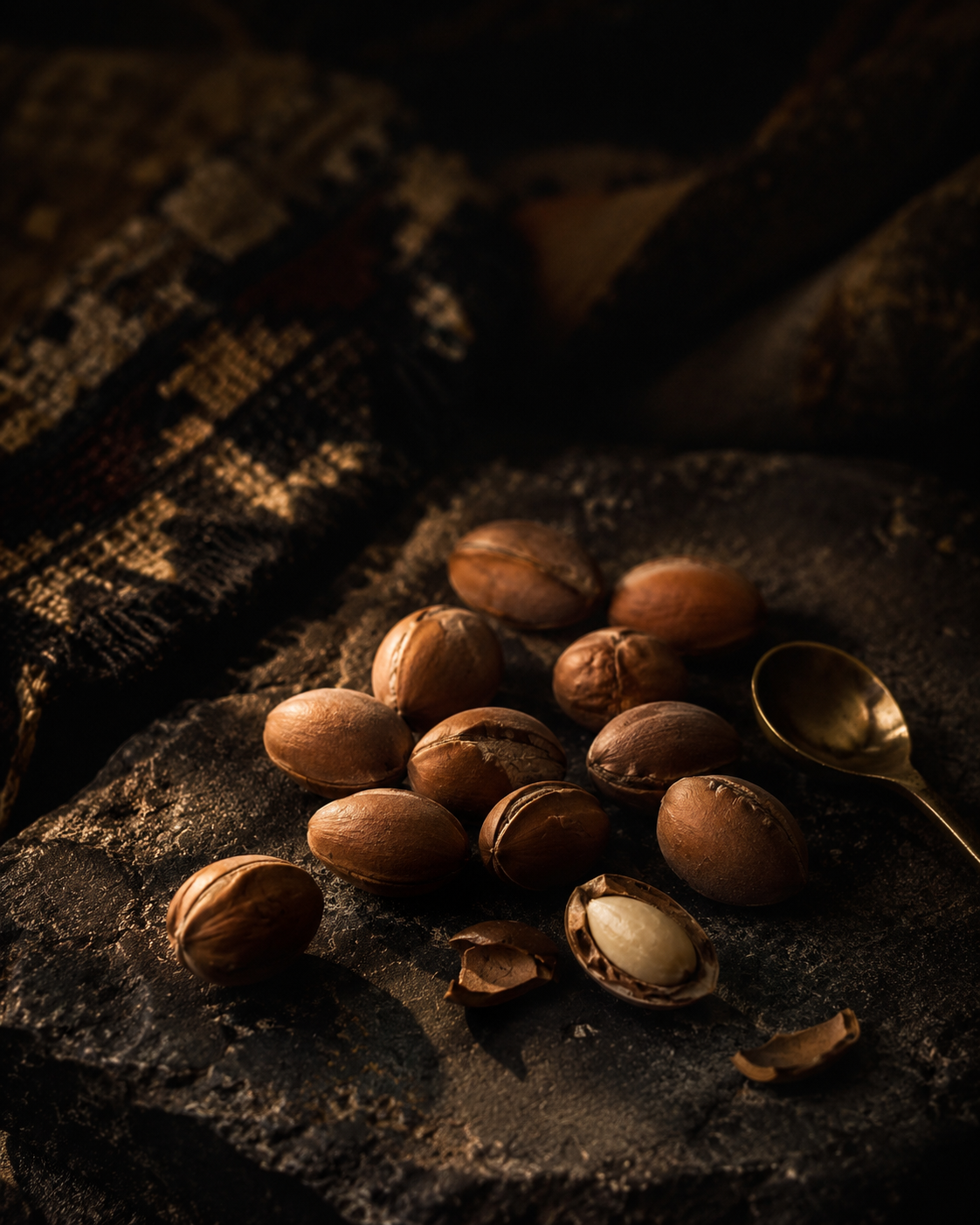 Argan kernels on dark stone with brass spoon and Berber textile
