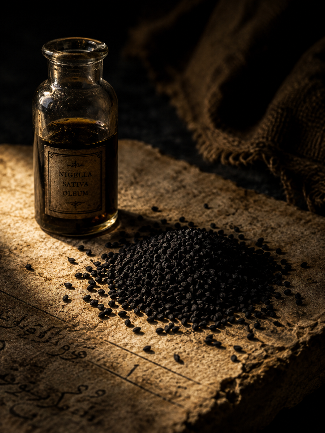 Nigella sativa seeds beside an apothecary bottle on aged parchment
