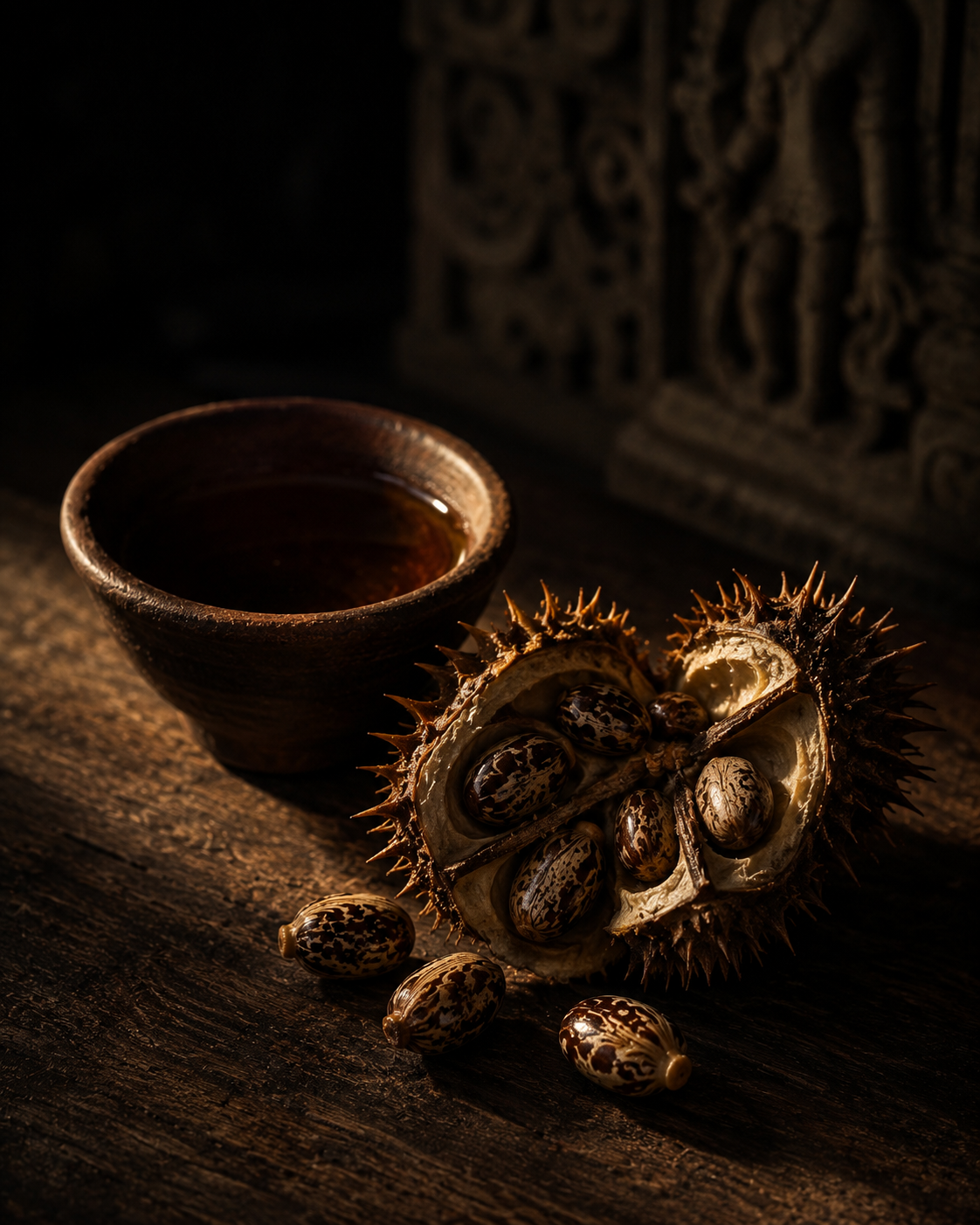 Castor seed pod cracked open with seeds and clay vessel of dark oil