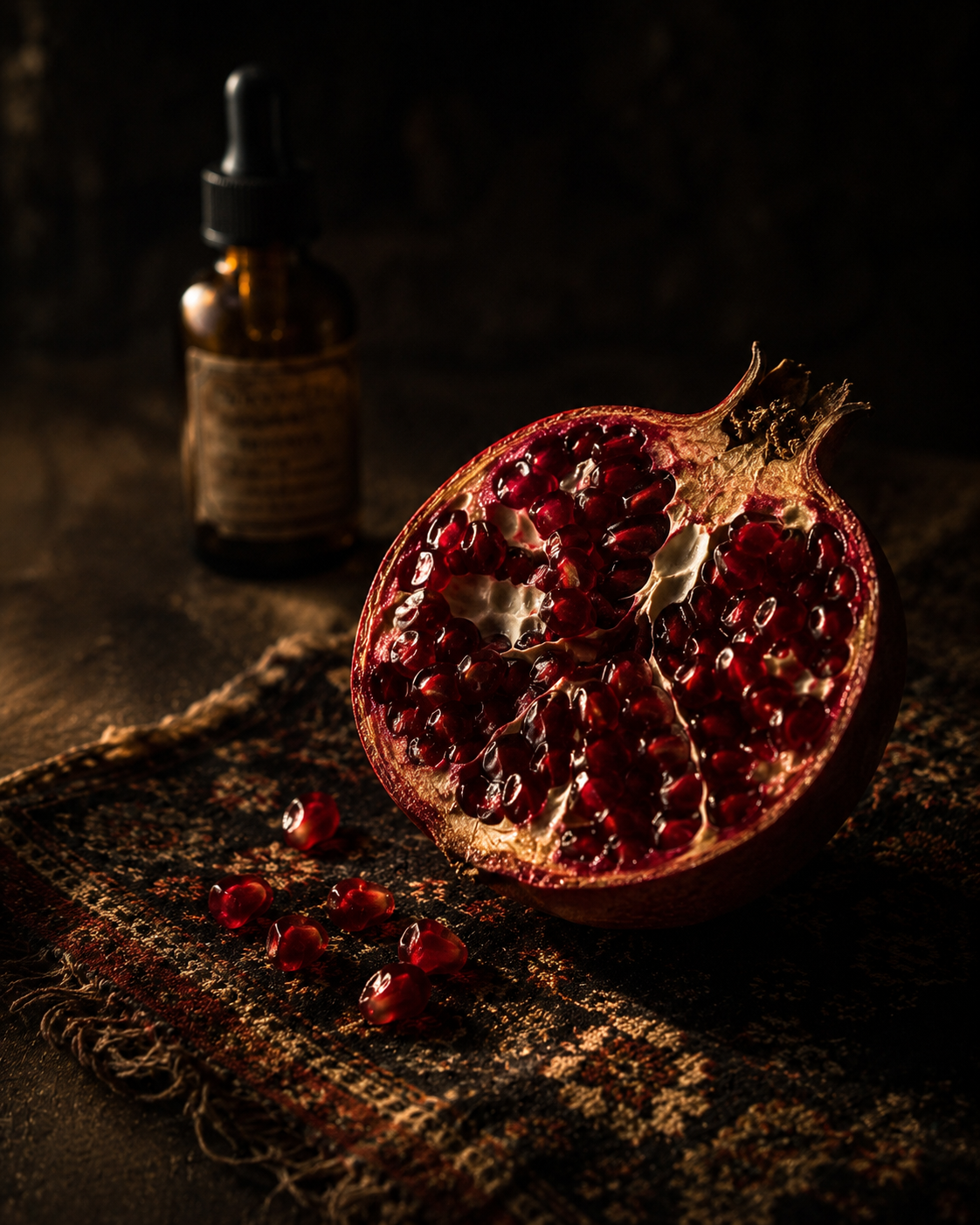 Cut pomegranate on a Persian carpet with amber apothecary bottle