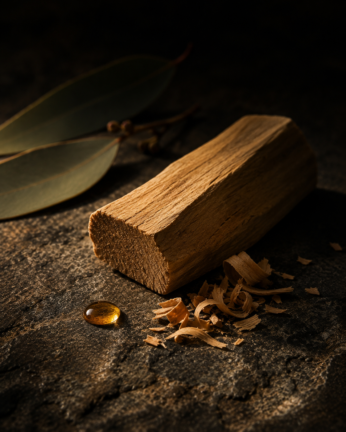 Australian sandalwood block with shavings, eucalyptus and amber oil drop
