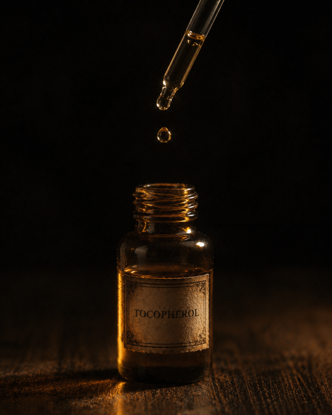 Antique apothecary bottle of tocopherol with suspended golden drop
