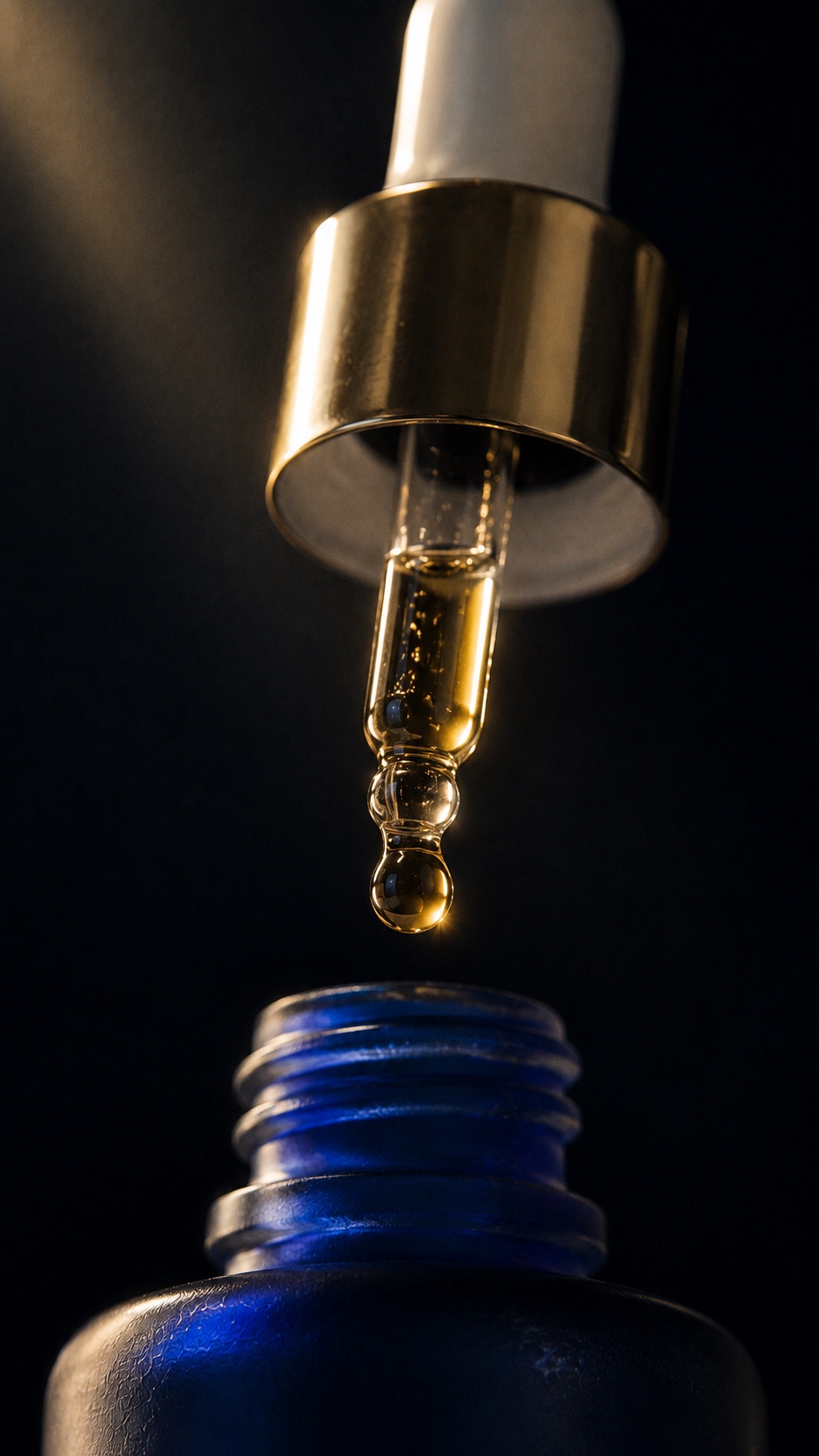 A drop of MAISON D'VUE Hair Elixir forming at the tip of the gold dropper, above the cobalt bottle