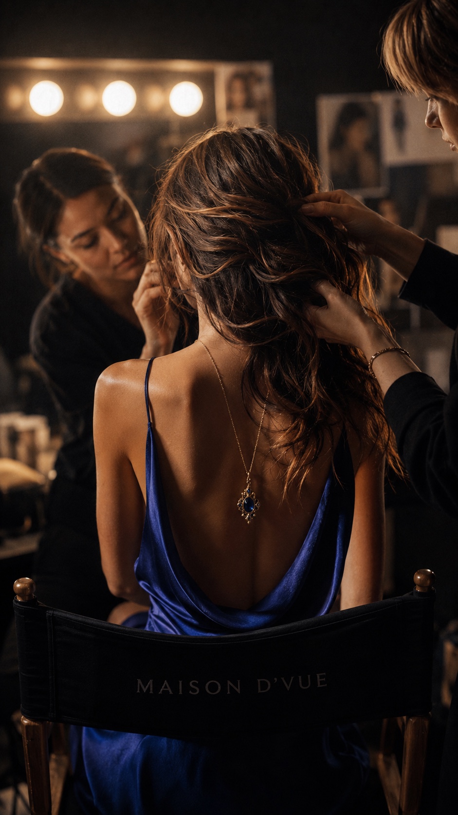 Backstage at a MAISON D'VUE shoot, a stylist arranging a model's hair in a director's chair bearing the maison's name