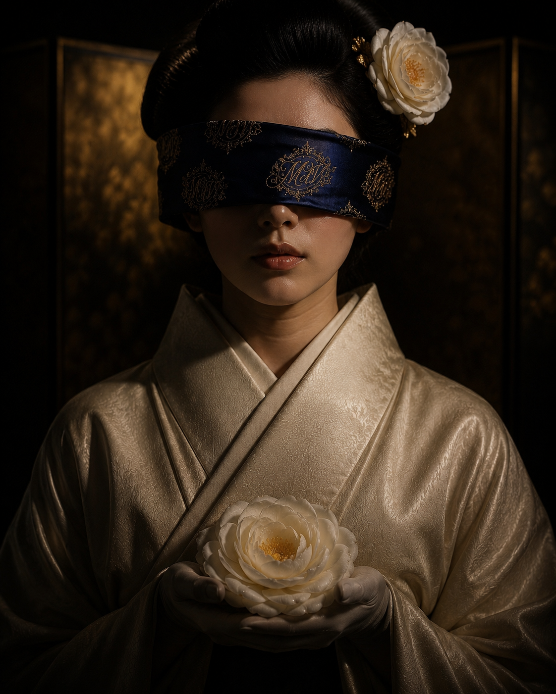 A figure in cream brocade kimono with white camellia in hair and held in offered hands, blindfolded in navy silk embroidered with the MAISON D'VUE monogram — an allegorical portrait of Camellia, one of the maison's fourteen rare botanical essences