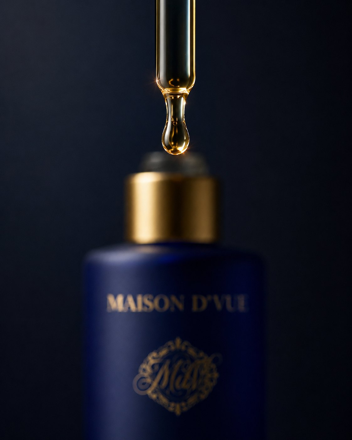 A single golden drop of MAISON D'VUE Hair Elixir suspended from the dropper above the bottle's gold cap