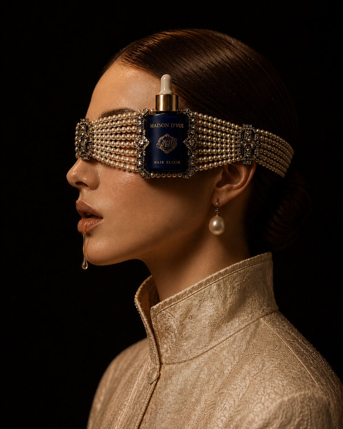 The MAISON D'VUE Hair Elixir framed in a pearl-and-diamond bandeau across the eyes of a figure in gilded brocade, a single drop of elixir falling like a tear — a surrealist composition for the maison's first composition, Vue 14, of fourteen rare botanical essences