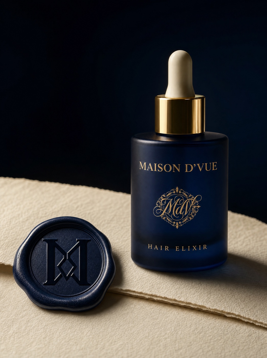 The MAISON D'VUE Hair Elixir, hand-sealed with the maison's navy wax monogram