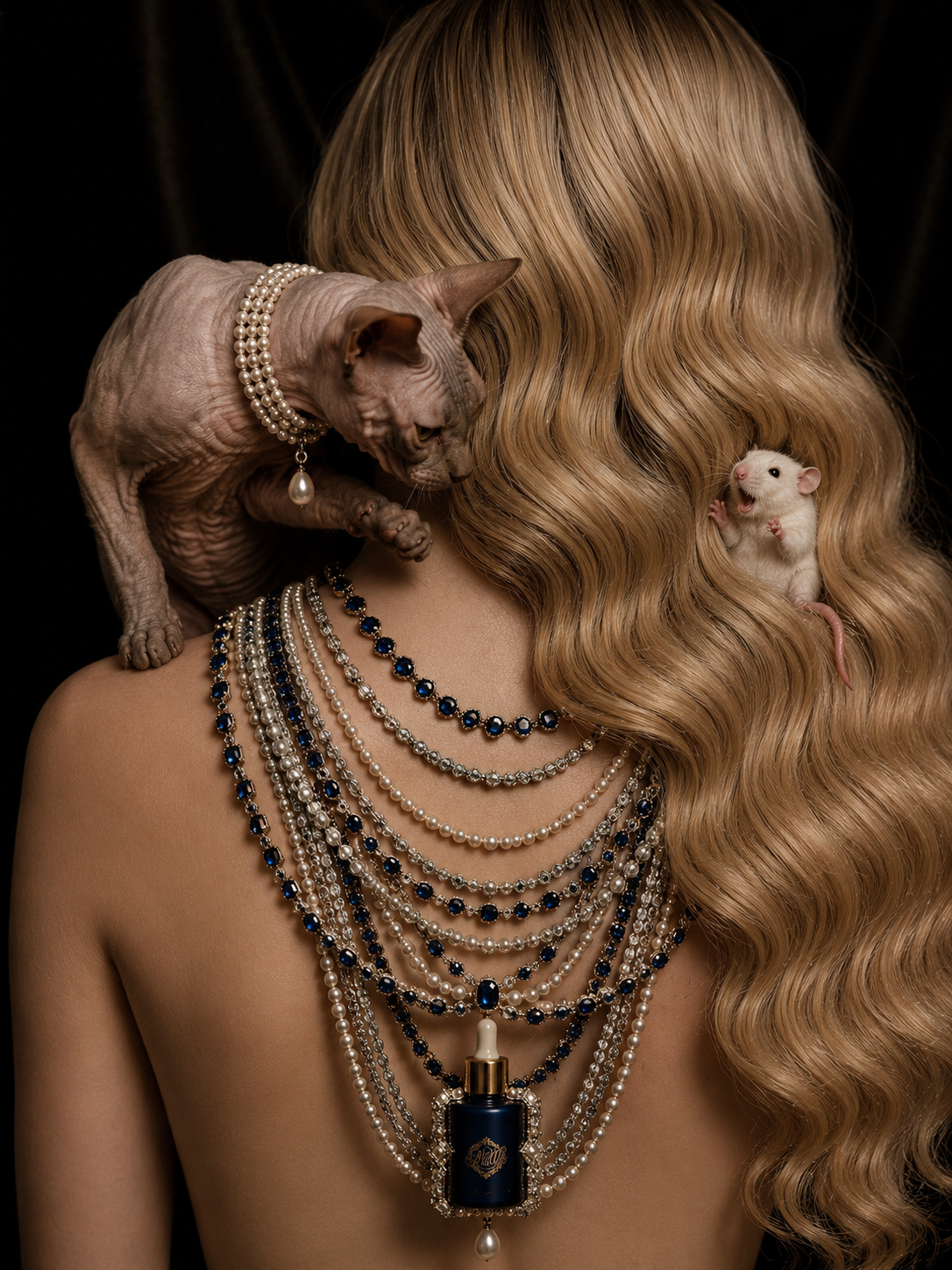 A figure photographed from behind, honey-blonde waves cascading, a Sphynx cat on one shoulder and a white mouse peeking from the hair on the other, a layered cobalt-and-pearl necklace supporting the MAISON D'VUE Hair Elixir as its centerpiece — a surrealist allegory of the maison's full world composed by founder Masiela Lusha