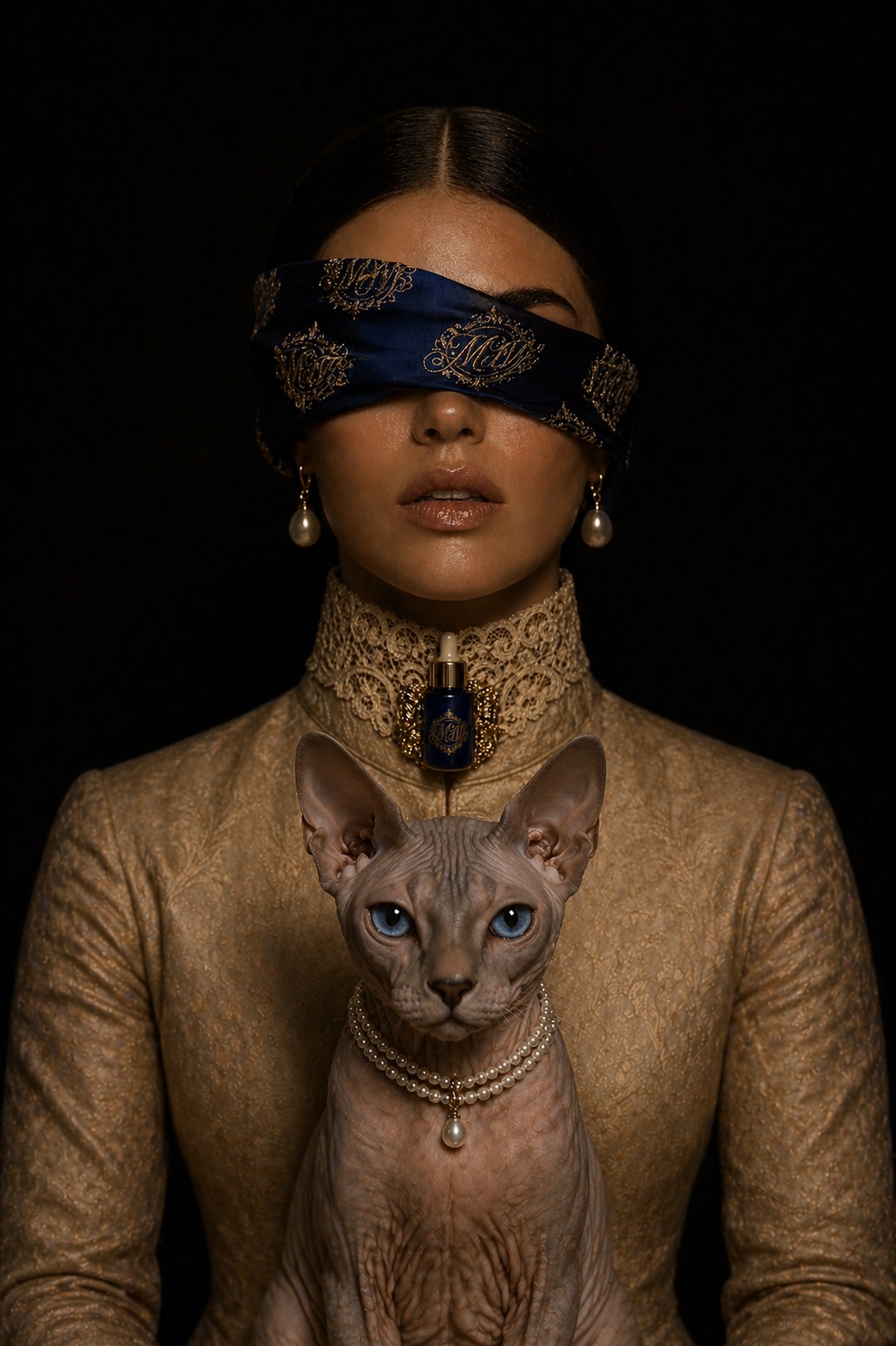 An allegorical portrait for MAISON D'VUE — a figure in gilded brocade, blindfolded in navy silk embroidered with the maison's monogram, wearing the Hair Elixir as a pendant — a surrealist composition by founder Masiela Lusha, the American luxury house pioneering Affinity Compositions