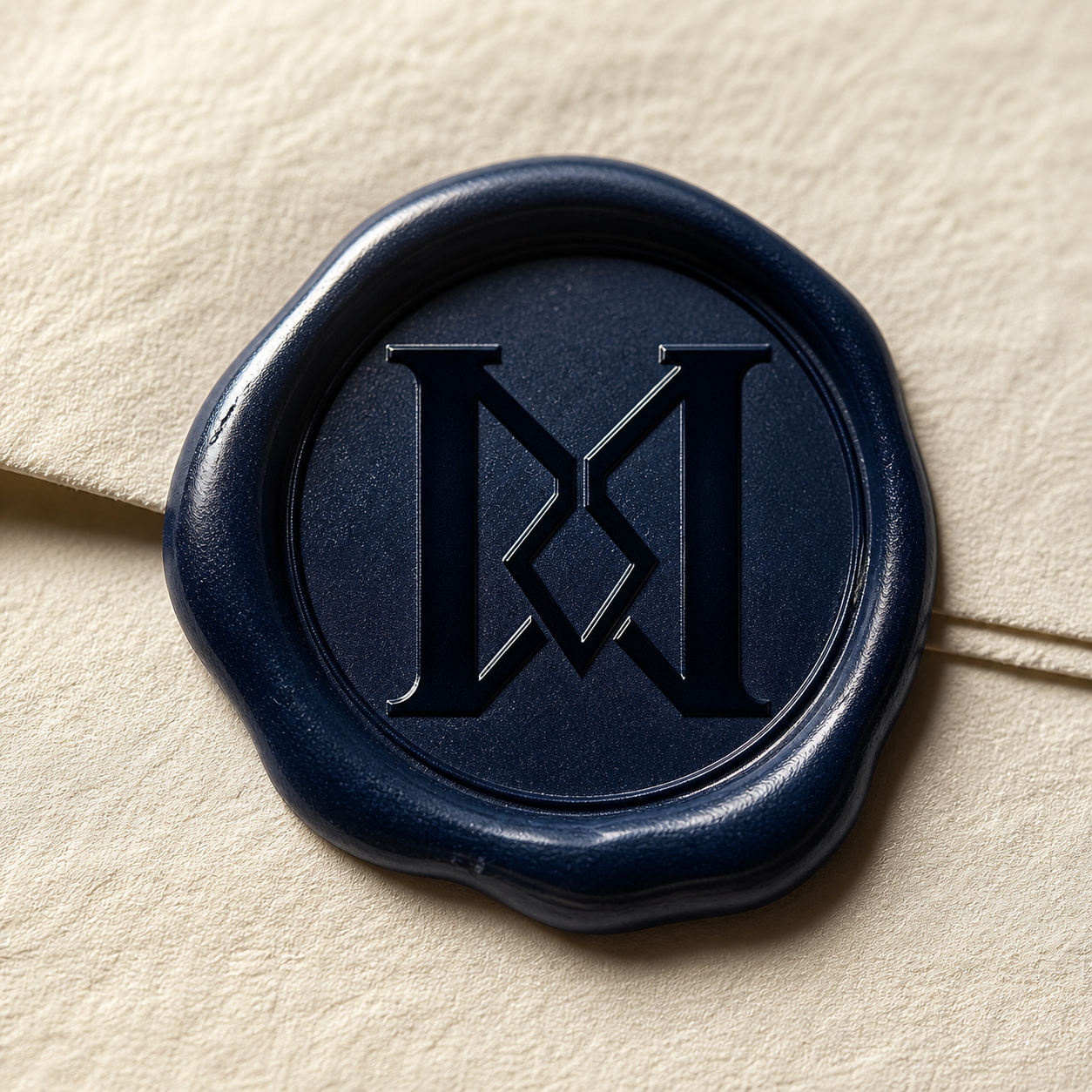 The MAISON D'VUE wax seal — a navy cobalt impression bearing the maison's monogram, signing each composition led by founder Masiela Lusha