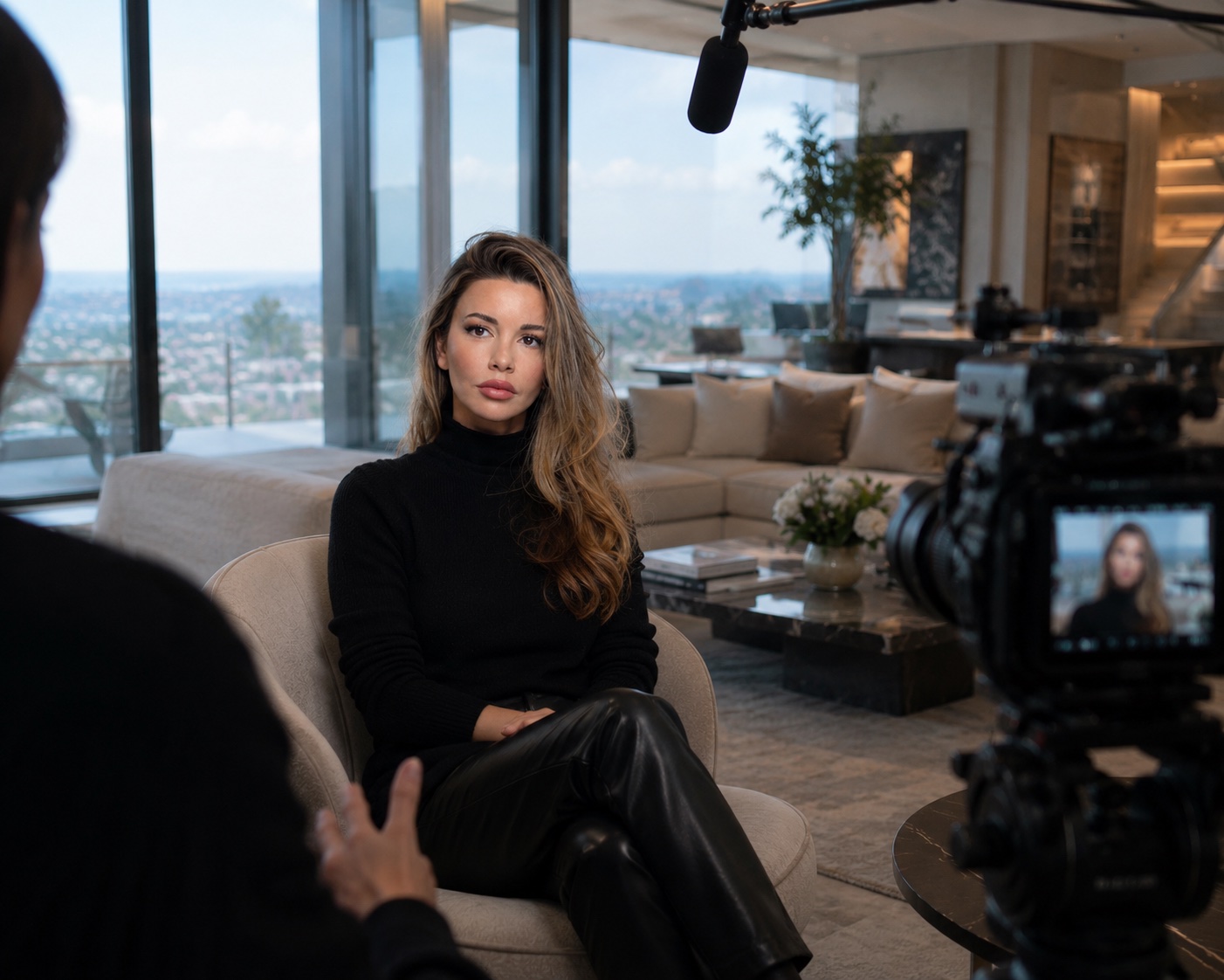 Masiela Lusha during a filmed interview in a Beverly Hills residence — a career in front of the camera