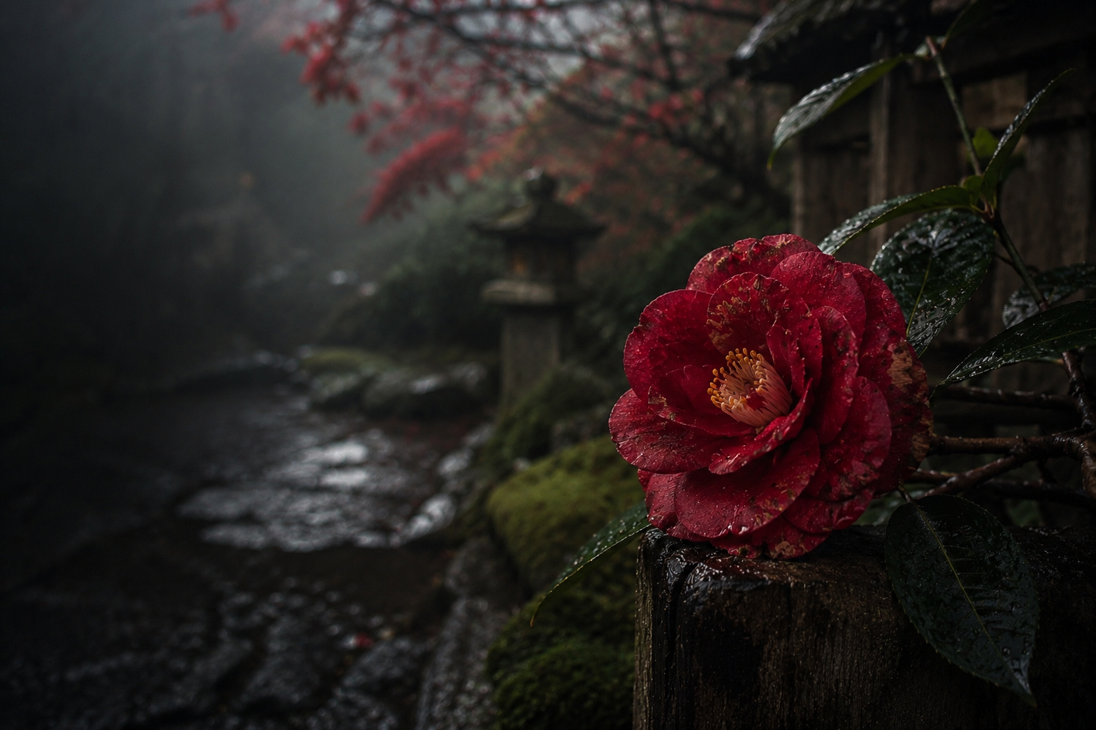 Crimson camellia bloom in a Japanese garden at dawn