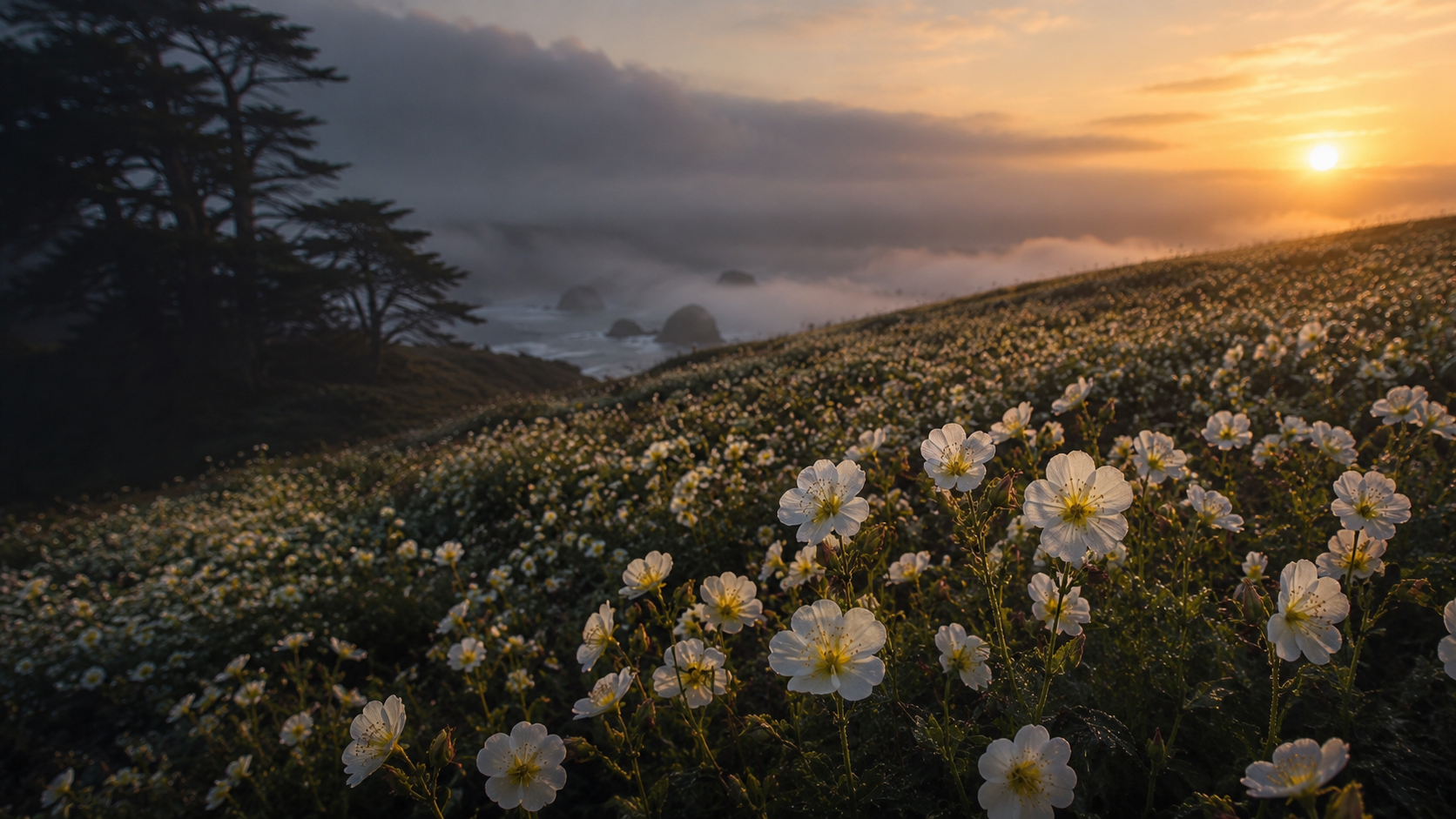 Meadowfoam flowers on the Pacific Northwest coast at sunset