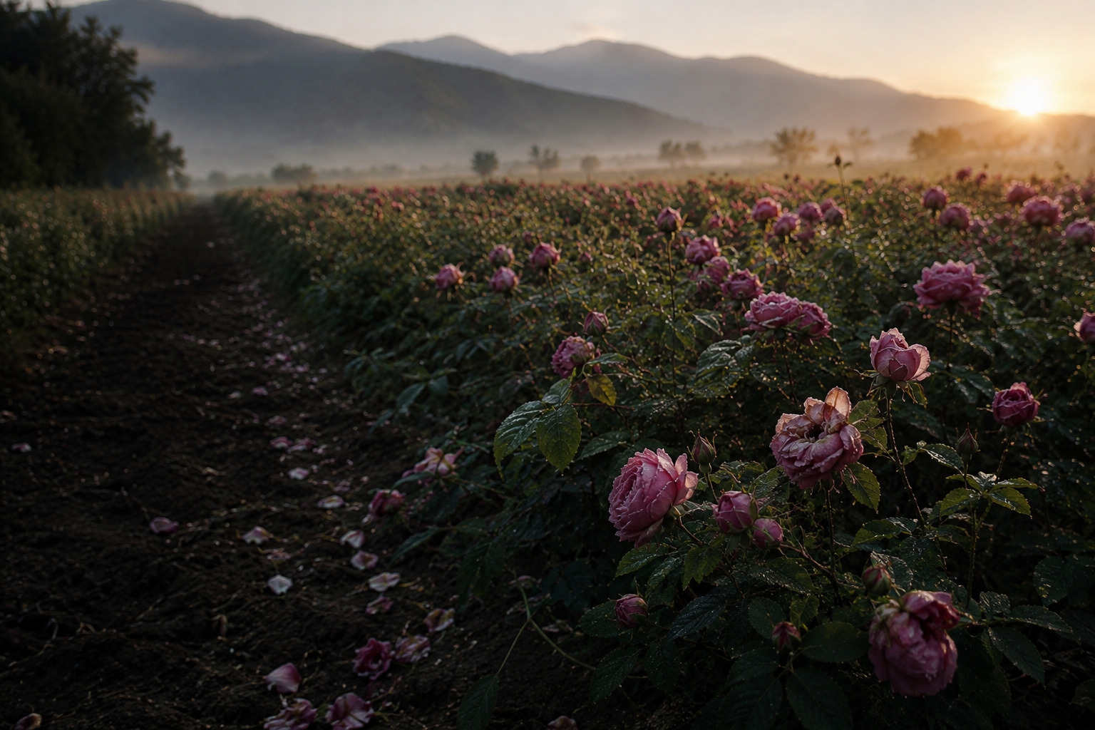 Bulgarian damask roses in the Valley of Roses at dawn