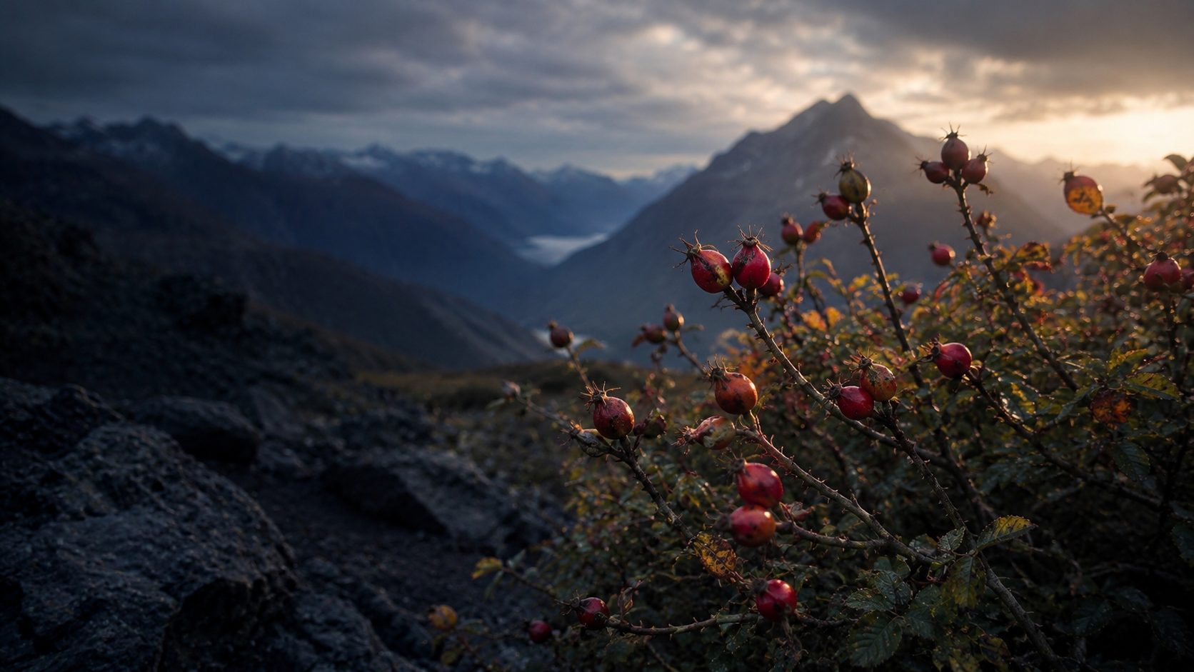 Wild rosehip cluster against Andean peaks at dusk