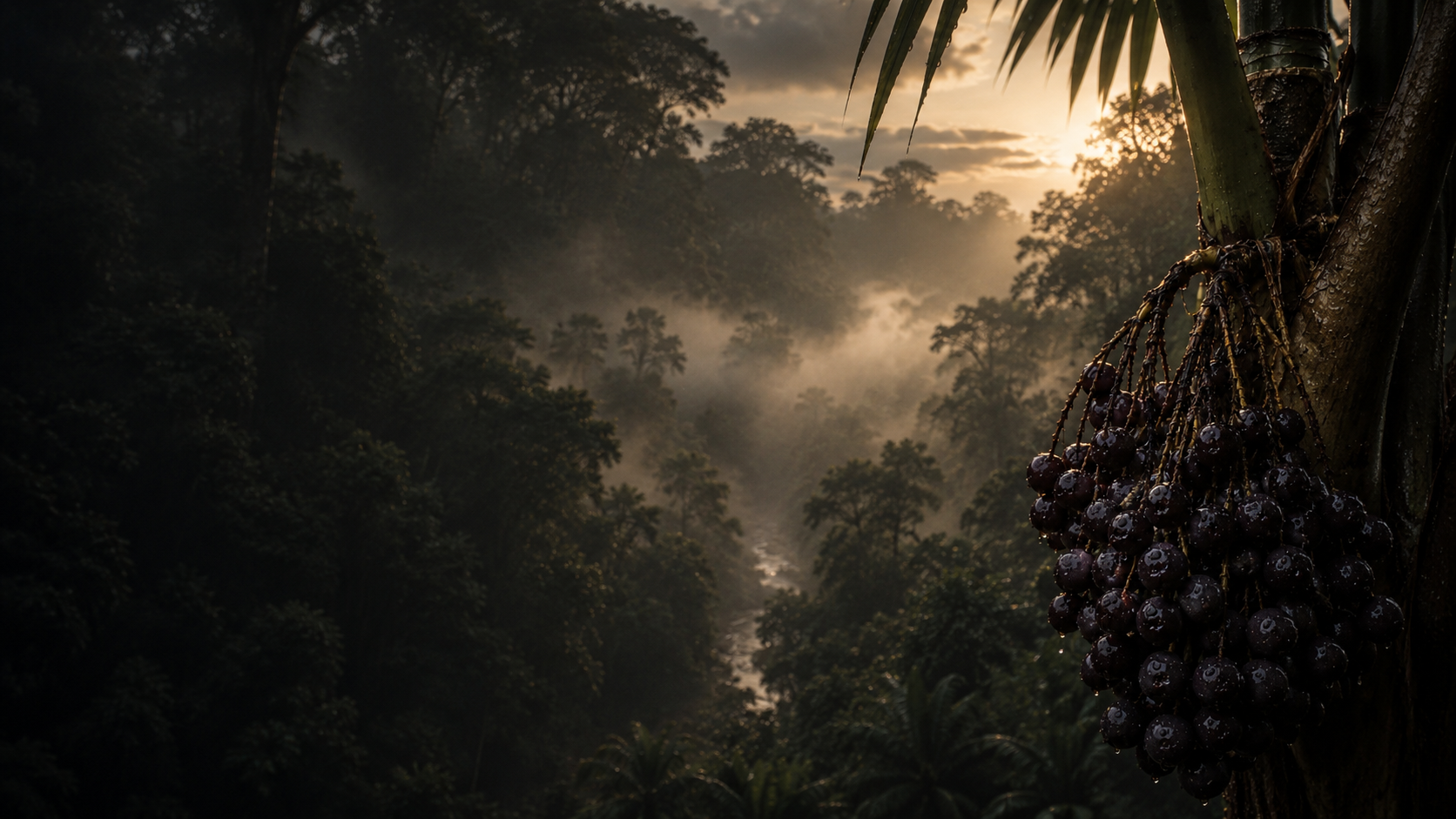 Ungurahua palm in the Amazon rainforest at dawn