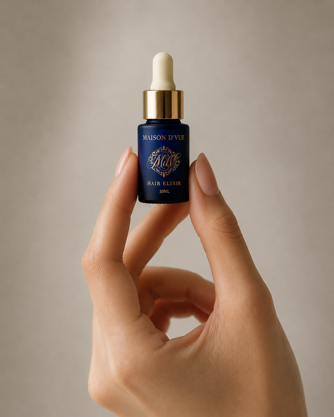 The Voyage &mdash; 10ml MAISON D'VUE Hair Elixir travel size in cobalt frosted glass with matte gold cap